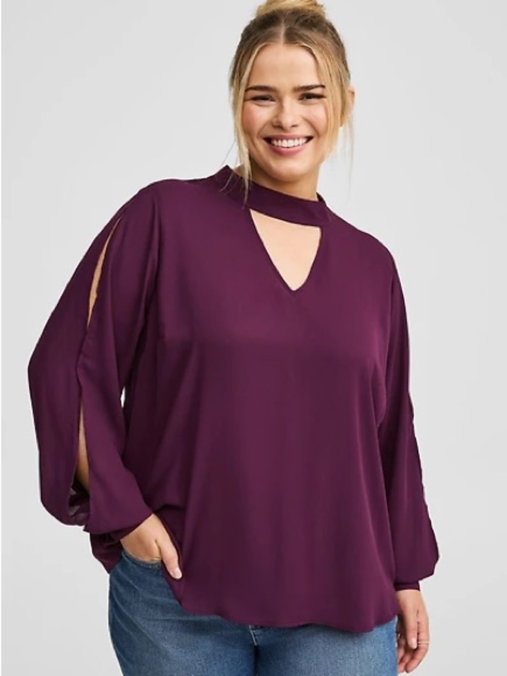 Torrid Purple Chiffon Mock Neck Cutout Blouse Lantern Sleeve Plus Size 4 NWT‎